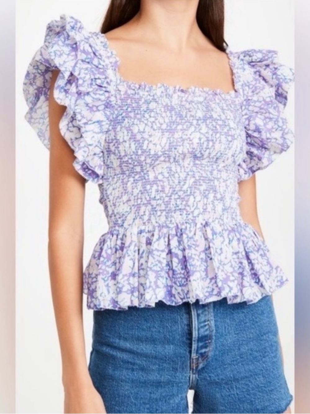 Love the Label Lavender Smocked Ruffle Peplum Top XS 100% Cotton